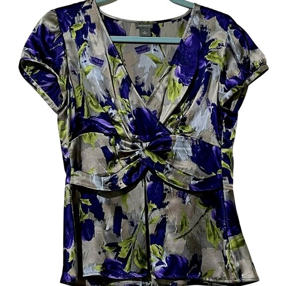 Ann Taylor Womens Size 6 Purple Yellow Floral V Neck Silk Blouse - Picture 1 of 7